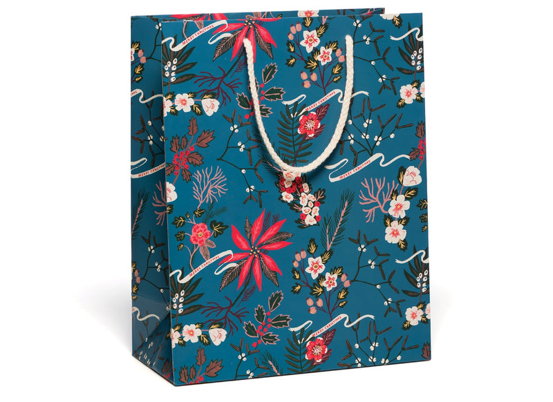 Blue Poinsettia Large Holiday Gift Bag