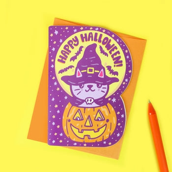 Happy Halloween Kitty Cat Pumpkin Die Cut Card