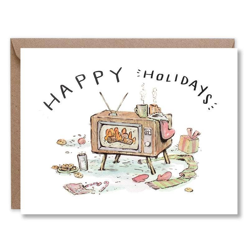 Happy Holidays Retro TV Yule Log Card