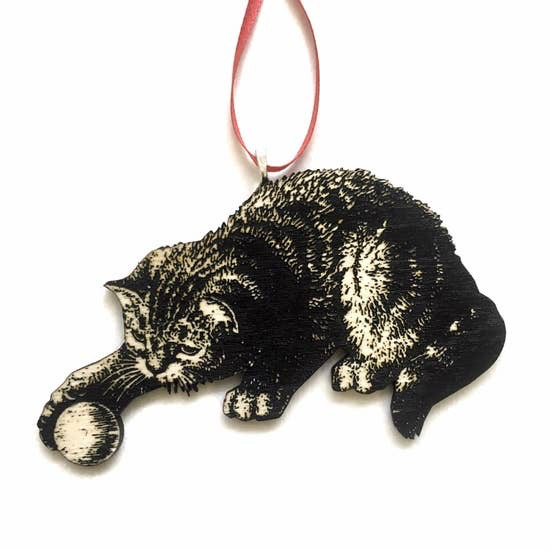 Wood Cat with Ball Christmas Ornament