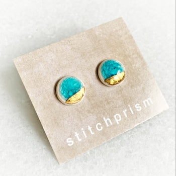 Studs - Glass Crackle - S Circle - Teal + Gold