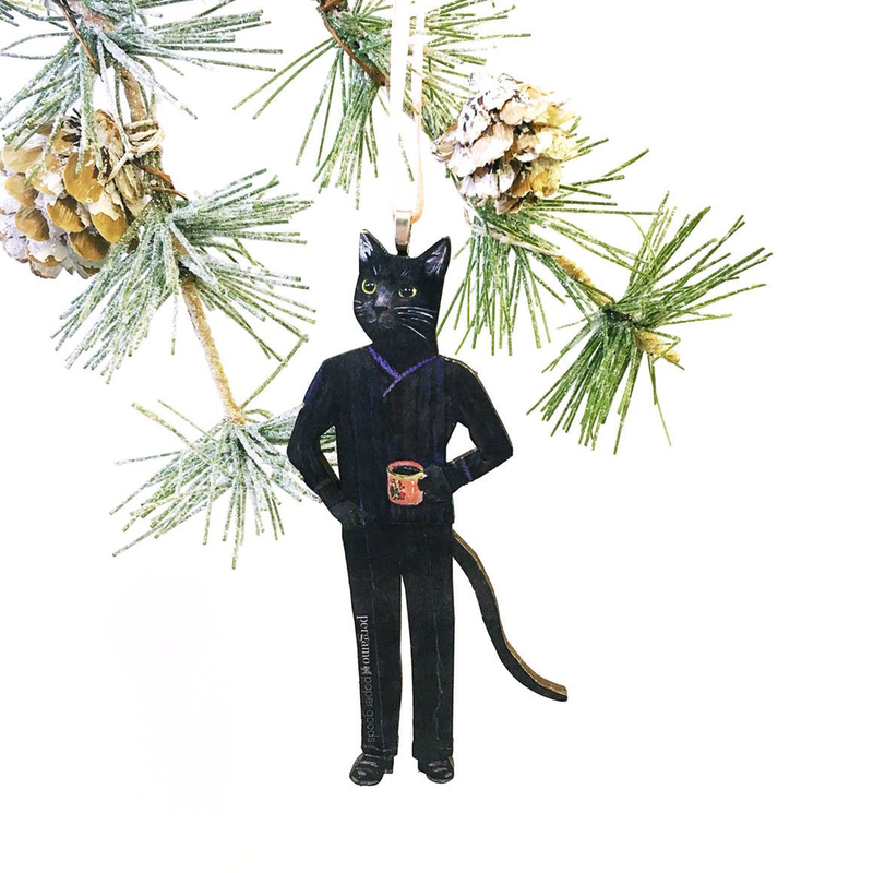 Black Cat With Coffee Ornament