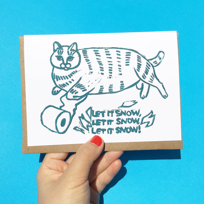 Let it Snow Toilet Paper Hand-printed Cat Card
