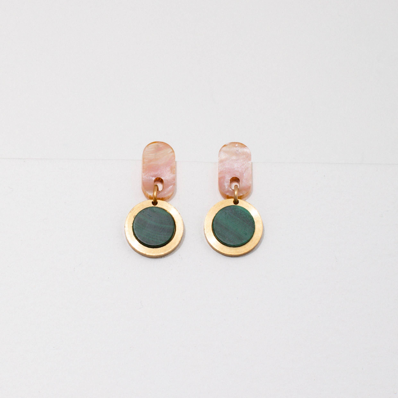 Ruth Earrings: Pink with Malachite