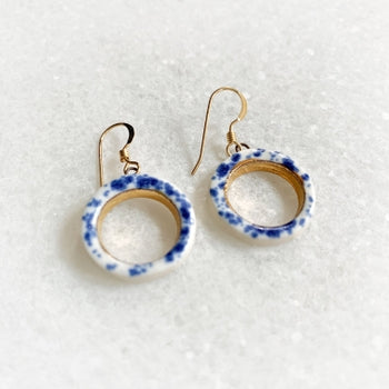 Earrings - Circle Cutout - Blue Speckle + Gold