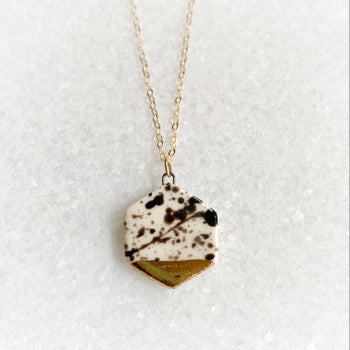 Necklace - Small Hexagon - Black Splatter + Gold