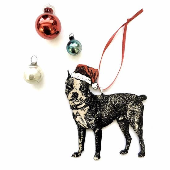 Hand Painted Santa Hat Boston Terrier Dog Ornament