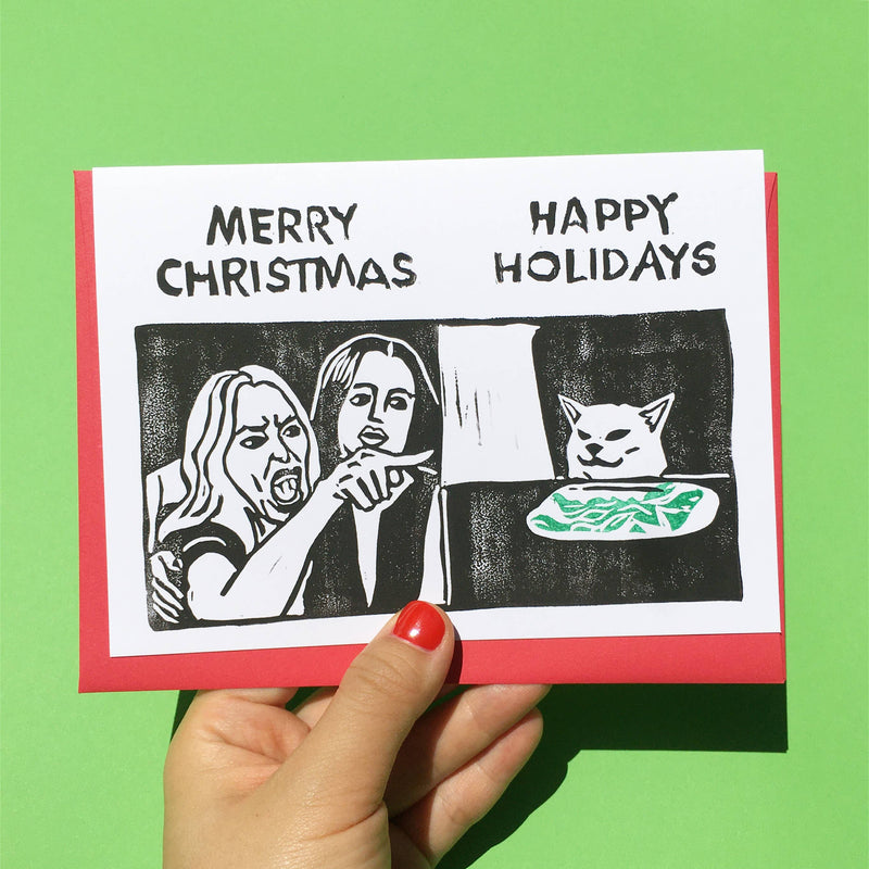 Angry Woman vs Cat Holiday Card