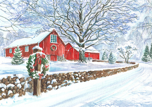 Snowy Red Barn Boxed Cards - Set of 10