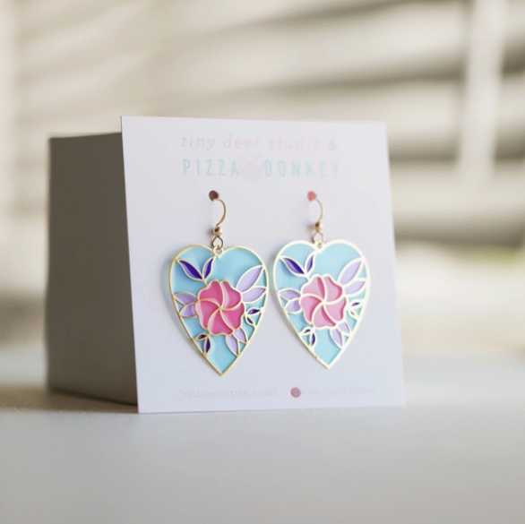 Translucent Floral Heart Earrings with Pizza Donkey (Blue)