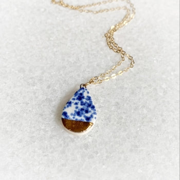 Necklace - Small Teardrop - Blue Speckle + Gold
