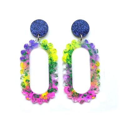 Neon Yellow and Pink Glitter Drop Scalloped Hoop Earrings